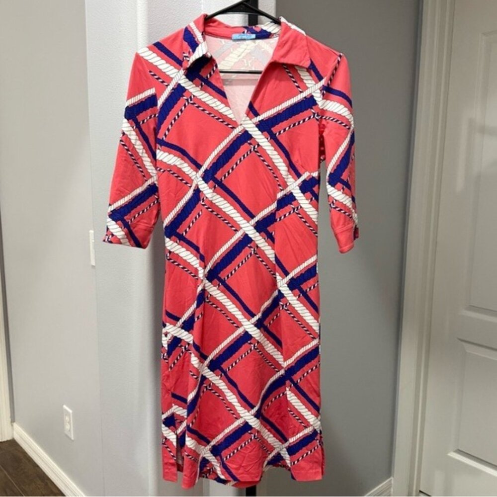 J. McLaughlin Nautical Rope Half Sleeve Dress V Neck Pink Blue Size XS Collared